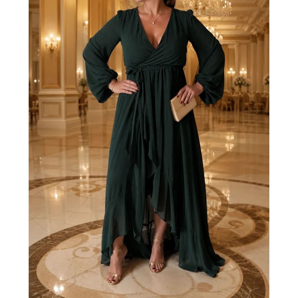 Dress Day Emerald Green Wrap Maxi Dress Medium Hi-Low Long Sleeve